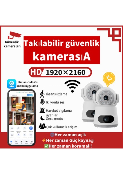2'li Paket | Akıllı Wifi Güvenlik Kamerası | 1080P Full Hd | 360° Görüş Açısı | Gece Görüşü | Iki Yönlü Ses | Ses ve Işık Alarmı