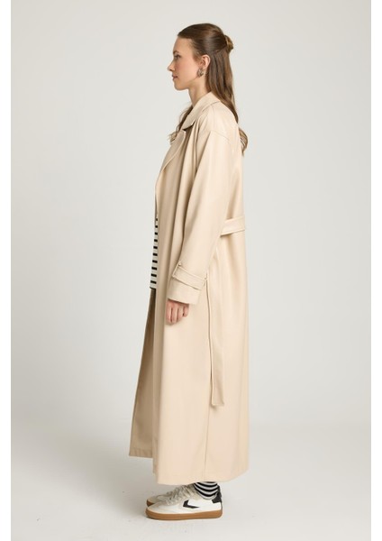 Kadın Taş Oversize Astarsız Tam Boy Deri Trench 30022