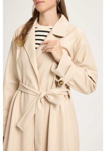 Kadın Taş Oversize Astarsız Tam Boy Deri Trench 30022 fiyatları