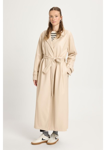 Kadın Taş Oversize Astarsız Tam Boy Deri Trench 30022 fırsatları