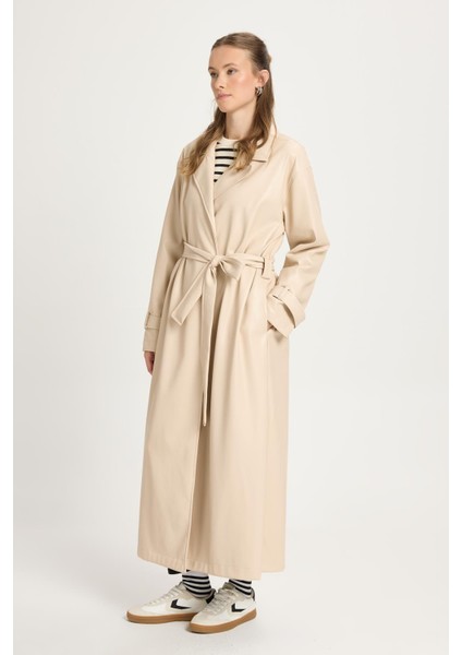 Kadın Taş Oversize Astarsız Tam Boy Deri Trench 30022 indirimleri