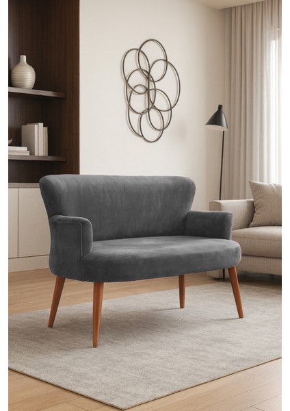 - Roma Modern Ikili Koltuk Kanepe - Babyface Kumaş - Düğmesiz - Ahşap Ayak - Gri