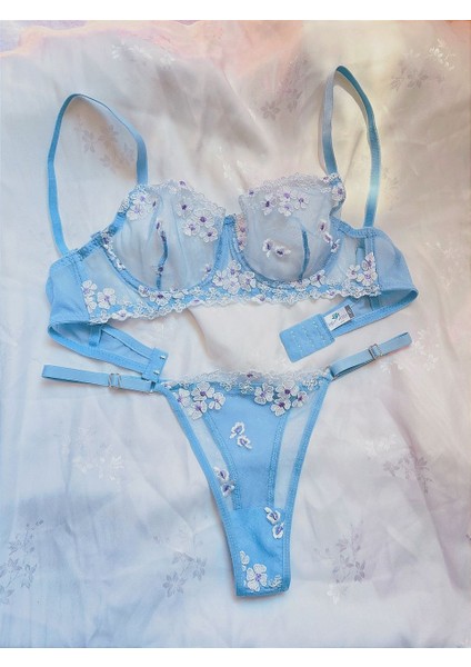Nakışlı Transparan Dantel Sütyen & Külot Takımı Desteksiz Balenli fiyatları