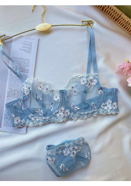 Nakışlı Transparan Dantel Sütyen & Külot Takımı Desteksiz Balenli modelleri