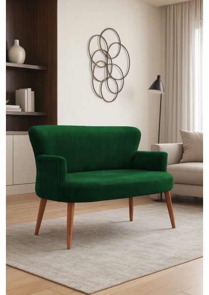 - Roma Modern Ikili Koltuk Kanepe - Babyface Kumaş - Düğmesiz - Ahşap Ayak - Yeşil