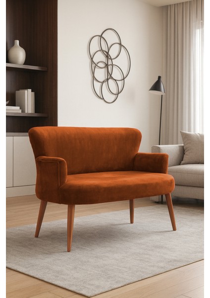 - Roma Modern Ikili Koltuk Kanepe - Babyface Kumaş - Düğmesiz - Ahşap Ayak - Bakır