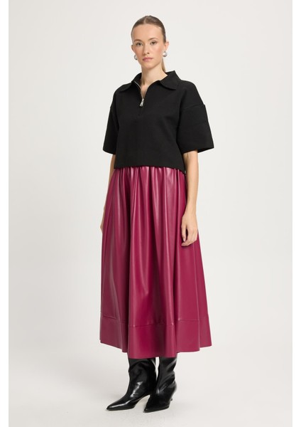 Bordo Beli Lastikli Uzun Deri Etek 30024