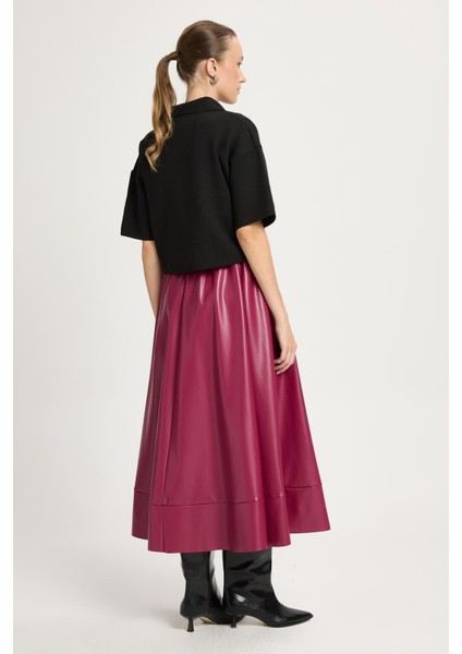 Bordo Beli Lastikli Uzun Deri Etek 30024 fiyatları