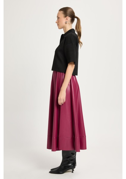 Bordo Beli Lastikli Uzun Deri Etek 30024 indirimleri