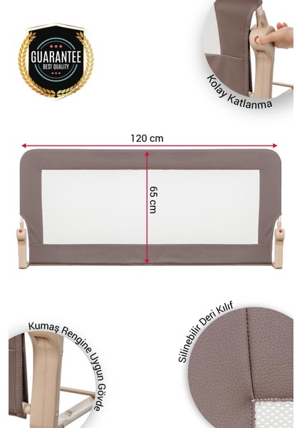 Premium 120X65 cm Deri Kılıflı Yatak Bariyeri, Katlanır Yatak Korkuluğu, Kahve modelleri