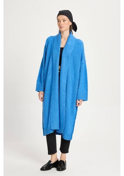 Pis Dikişlı Uzun Triko Hırka Saks