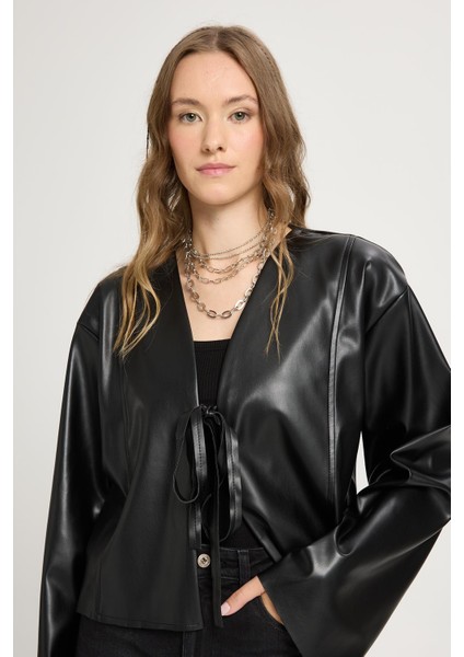 Siyah Deri Önden Bağlamalı Kısa Ceket Kimono 30023 fiyatları