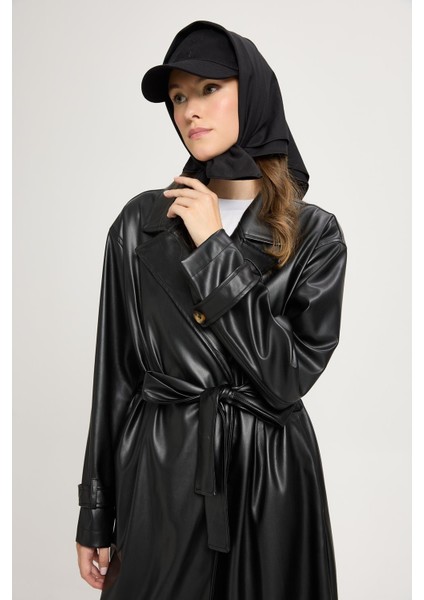 Kadın Siyah Oversize Astarsız Tam Boy Deri Trench 30022 fiyatları