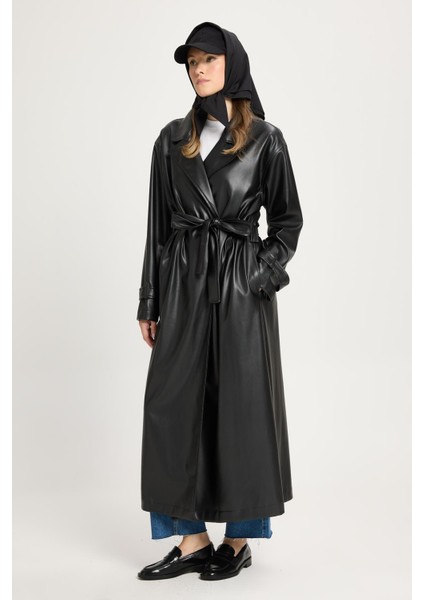 Kadın Siyah Oversize Astarsız Tam Boy Deri Trench 30022 fırsatları