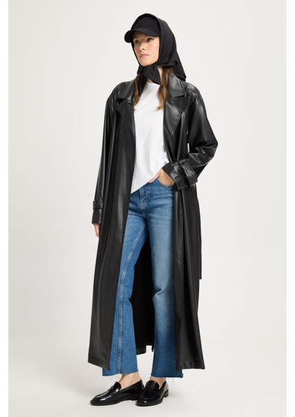 Kadın Siyah Oversize Astarsız Tam Boy Deri Trench 30022 indirimleri