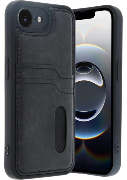 Bfs iPhone 16E Kılıf Sara Kartvizitli Deri Kılıf - Siyah