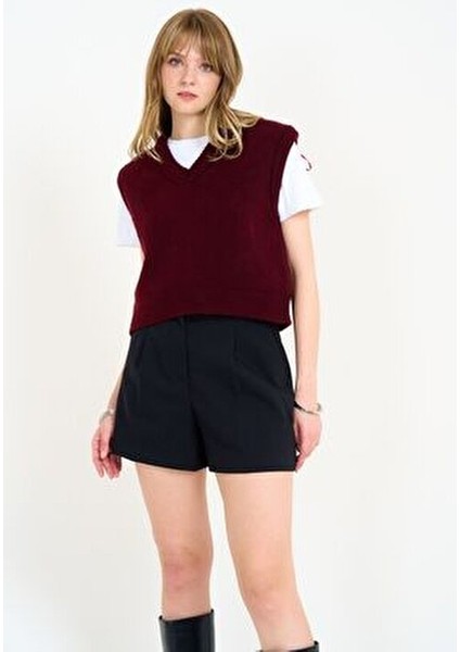 Kadın Cherry V Yaka Fitilli Kenarlı Kolsuz Süveter