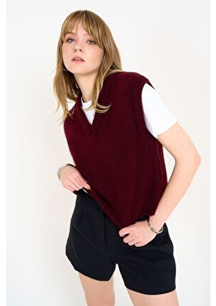 Kadın Cherry V Yaka Fitilli Kenarlı Kolsuz Süveter