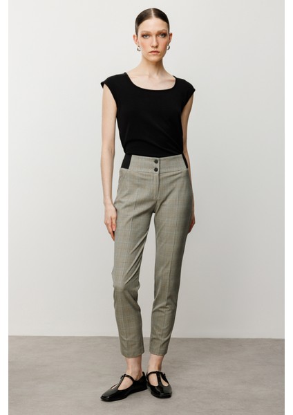 Kadın Ekoseli Dar Paça Pantolon 2082 Gri