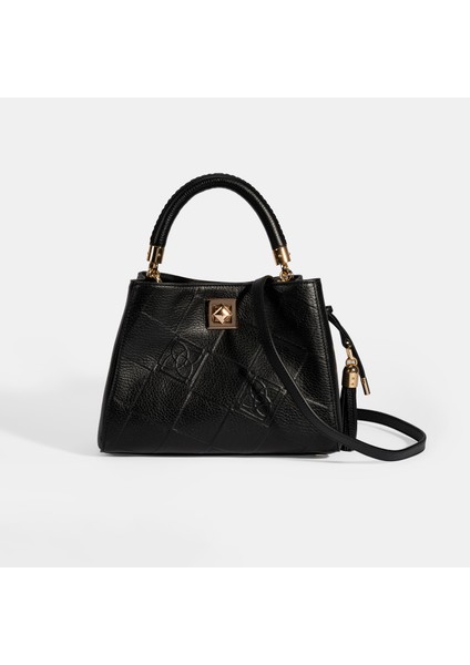 Kadın Siyah Püskül Aksesuarlı Deri El Çantası