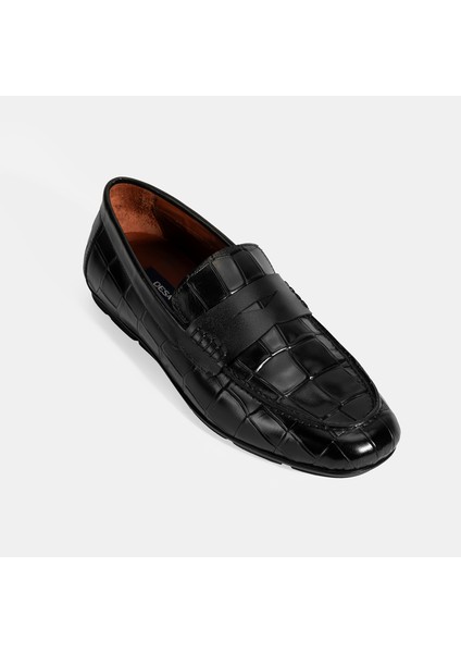 Erkek Siyah Kroko Baskılı Deri Loafer indirimleri