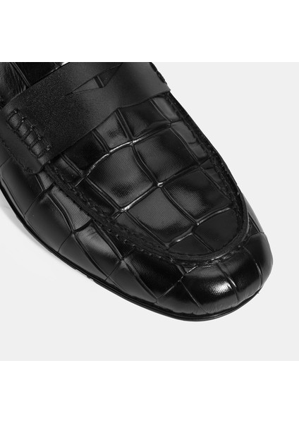 Erkek Siyah Kroko Baskılı Deri Loafer