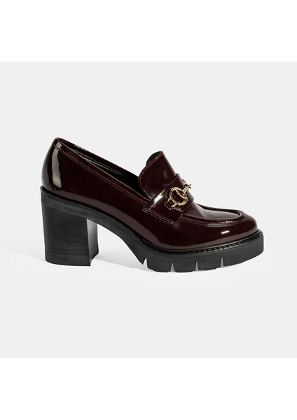 Kadın Bordo Toka Detaylı Topuklu Rugan Loafer