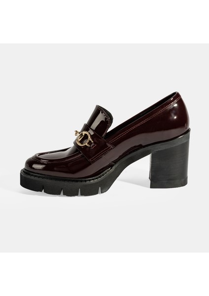 Kadın Bordo Toka Detaylı Topuklu Rugan Loafer modelleri