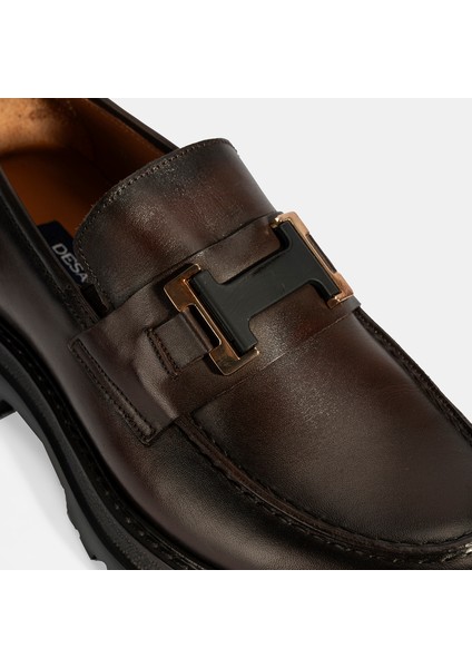 Erkek Kahve Metal Toka Detaylı Deri Loafer