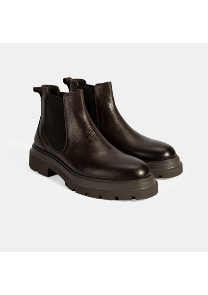 Erkek Kahve Lastik Detaylı Deri Bot