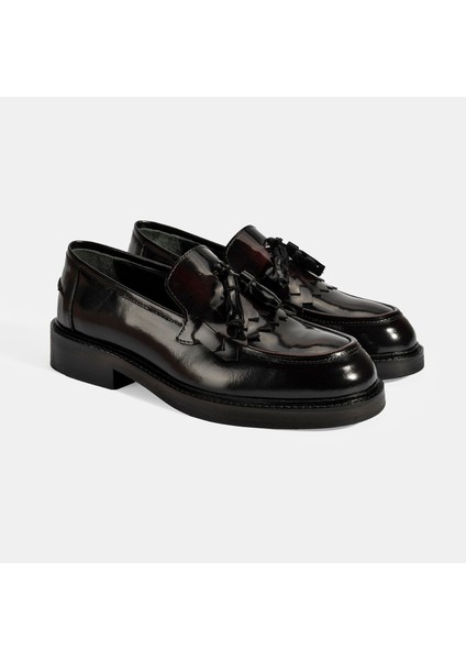 Kadın Bordo Püskül Detaylı Deri Loafer