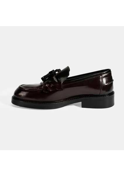Kadın Bordo Püskül Detaylı Deri Loafer modelleri