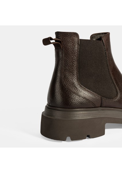 Erkek Kahve Lastik Detaylı Deri Bot