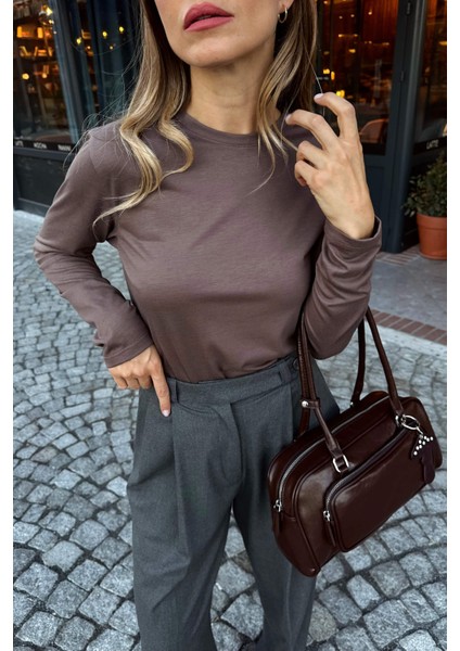 Kahverengi Bisiklet Yaka Premium Bluz