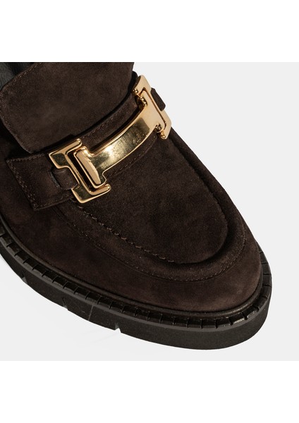 Kadın Kahve Toka Aksesuarlı Topuklu Süet Loafer