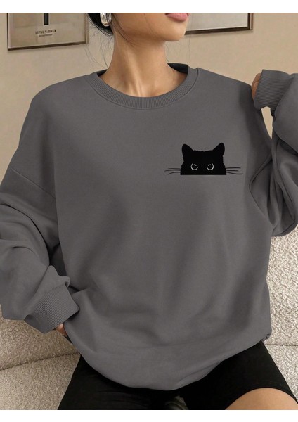 Füme Oversize Geniş Kalıp 3 Iplik Şardonlu Sweatshirt – Bisiklet Yaka Kedili Baskılı Kalın Sweat