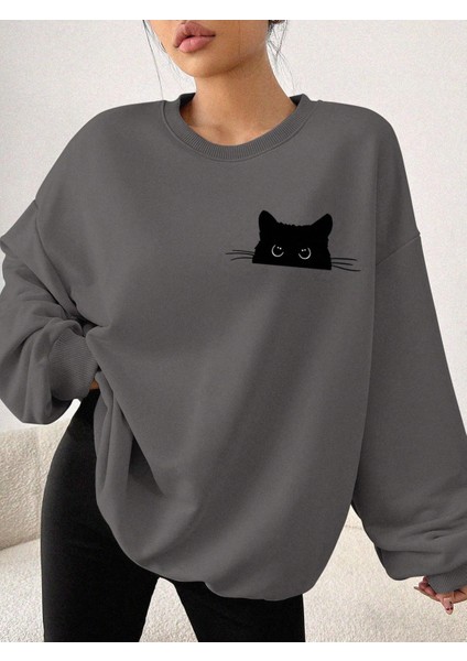Füme Oversize Geniş Kalıp 3 Iplik Şardonlu Sweatshirt – Bisiklet Yaka Kedili Baskılı Kalın Sweat fiyatları