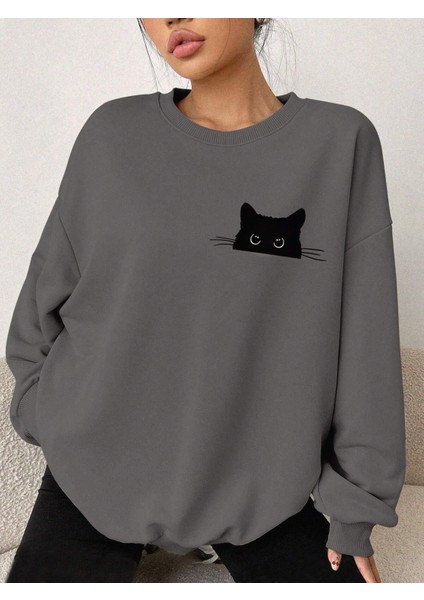 Füme Oversize Geniş Kalıp 3 Iplik Şardonlu Sweatshirt – Bisiklet Yaka Kedili Baskılı Kalın Sweat modelleri