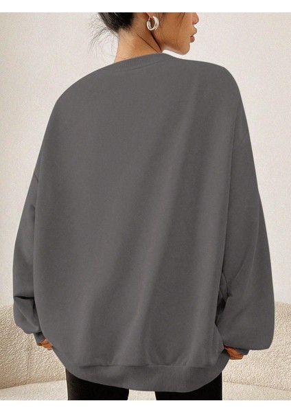 Füme Oversize Geniş Kalıp 3 Iplik Şardonlu Sweatshirt – Bisiklet Yaka Kedili Baskılı Kalın Sweat fırsatları