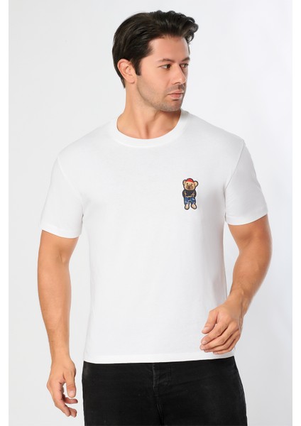 Erkek Oversize Bisiklet Yaka Tişört %100 Pamuk Rahat Kalıp Tedy Ayıcık Detaylı - Günlük Basic Tshirt