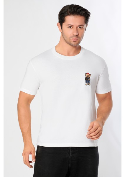 Erkek Oversize Bisiklet Yaka Tişört %100 Pamuk Rahat Kalıp Tedy Ayıcık Detaylı - Günlük Basic Tshirt fiyatları