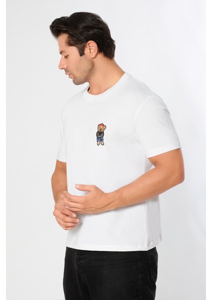 Erkek Oversize Bisiklet Yaka Tişört %100 Pamuk Rahat Kalıp Tedy Ayıcık Detaylı - Günlük Basic Tshirt modelleri