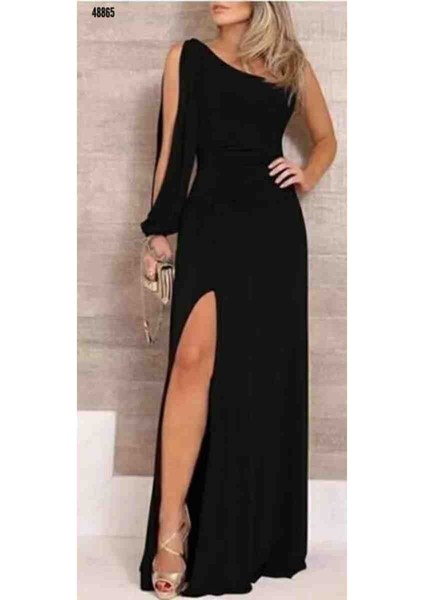 Tek Omuz Açık Derin Yırtmaçlı Krep Tam Boy Elbise, Kırmızı Gül Figürlü Kolye