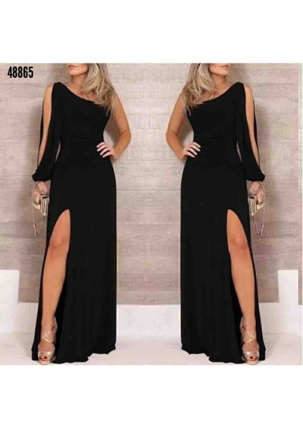 Tek Omuz Açık Derin Yırtmaçlı Krep Tam Boy Elbise, Kırmızı Gül Figürlü Kolye fırsatları