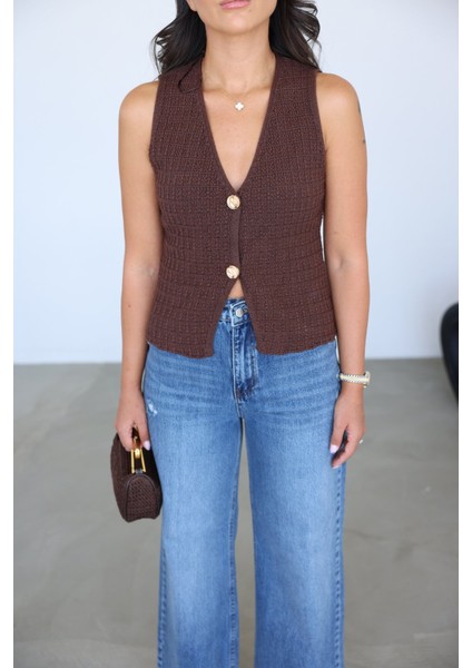 V Yaka Gold Düğmeli Yelek