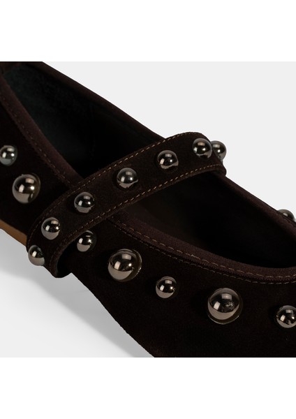 Kadın Kahve Metal Zımba Detaylı Mary Jane Babet