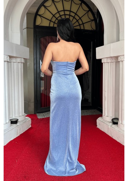 Simli Kumaş Straplez Balen Detaylı Abiye Elbise - Indigo Mavi indirimleri