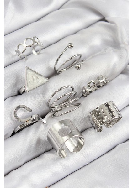 Bfs Pirinç Üçgen Model Gümüş Renk Kadın Yüzük Kombin Set