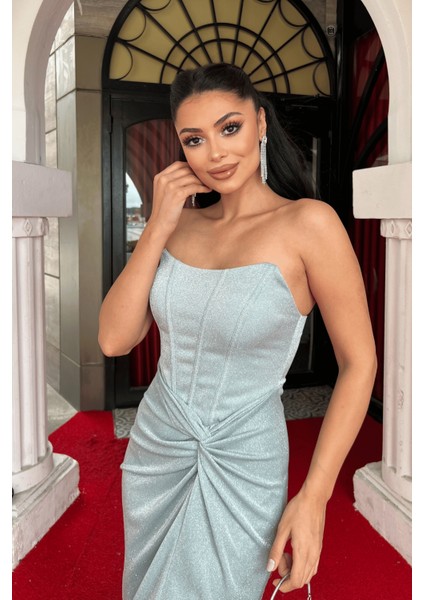 Simli Kumaş Straplez Balen Detaylı Abiye Elbise - Mint Yeşili fırsatları