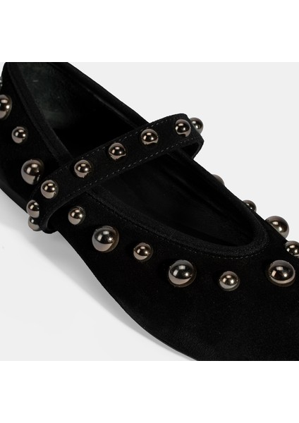 Kadın Siyah Metal Zımba Detaylı Mary Jane Babet